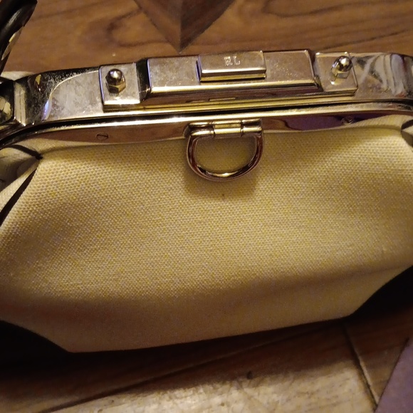 NWOT RALPH LAUREN BROWN LEATHER/CREME FABRIC HANDBAG - Picture 6 of 11